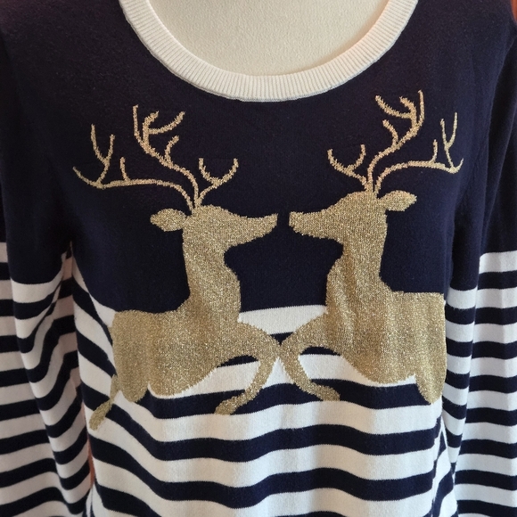 Crown & Ivy Sweater Midnight Blue Stripe Gold Reindeer Women L Holiday Sweater - Picture 5 of 10